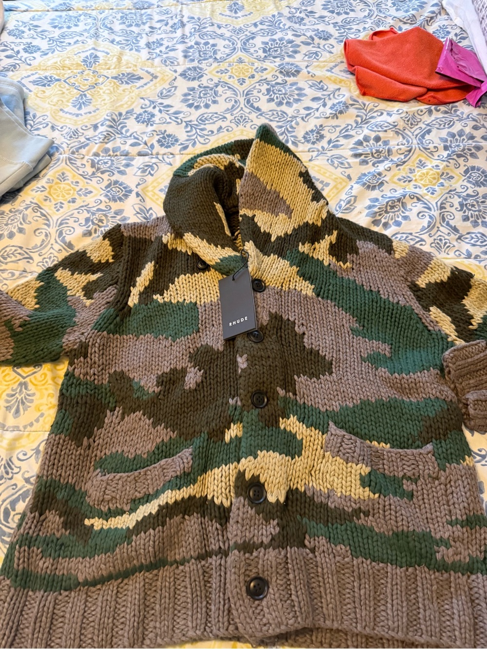 Rhude Green, Olive and Tan Camouflage Knit Cardigan